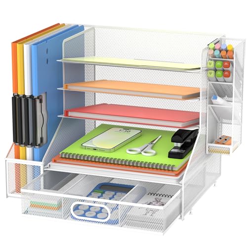5-Tier Desk Organizer with File Holder & Pen Holder & Sliding Drawer, White - color: White