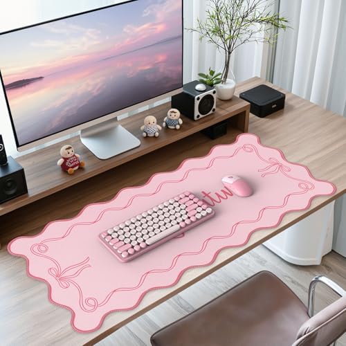 iCasso Pink Mouse Pad, Scalloped Desk Cover Mat, Leather Waterproof Desk Pad Mat for Desktop Protector, Non-Slip XXL Big Mousepad for Computer Keyboard Office Dorm Desk -Stay Positive - color: Pink Word