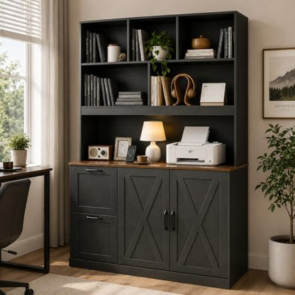 NORTHSKY 72" Tall Bookshelf with Drawers & Doors, Bookcase with Power Outlet and File Cabinet, Office Bookshelf with 2 File Drawers, Open Shelves & Storage Cabinets for Home Office, Black