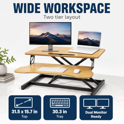 32" Height Adjustable Sit Stand Desk Converter, Dual Monitor Laptop Riser, Black (Desk Converter (Natural)) - color: Desk Converter (Natural)