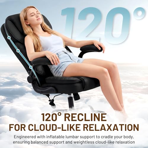 Ergonomic Office Chair, PU Leather High Back Executive Chair with Adjustable Inflatable Lumbar Support and Padded Flip-Up Arms, Recline Swivel Task Computer Chair for Home Office, Black - color: Black