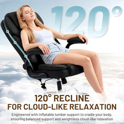 Ergonomic Office Chair, PU Leather High Back Executive Chair with Adjustable Inflatable Lumbar Support and Padded Flip-Up Arms, Recline Swivel Task Computer Chair for Home Office, Black - color: Black