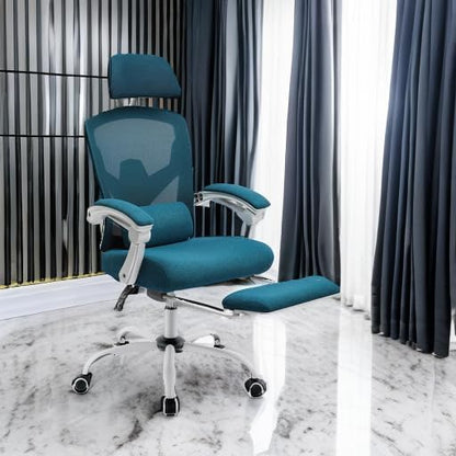 Simple Deluxe Home Office Desk Chair with Footrest, High-Back Mesh Rolling Swivel Reclining Chairs with Wheels, Comfortable Headrest, Lumbar Support, Comfy Arms - color: Blue