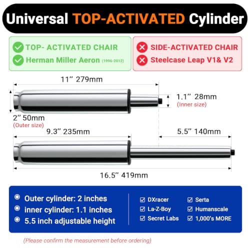 11-16.5 Inches Office Chair Cylinder Replacement, TOP-Activated - color: Polished Steel, size: 5.5‘’ Height Range