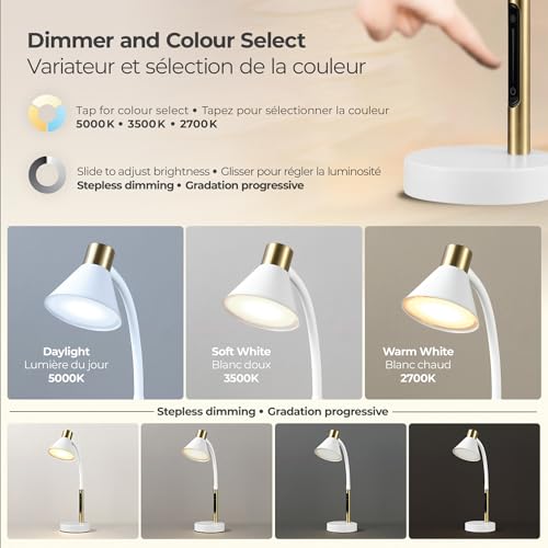 Globe Electric 15" LED Integrated Matte White Desk Lamp with Matte Brass Accent and Adjustable Silicone Gooseneck - color: Matte White, Albert