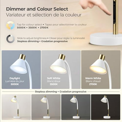 Globe Electric 15" LED Integrated Matte White Desk Lamp with Matte Brass Accent and Adjustable Silicone Gooseneck - color: Matte White, Albert