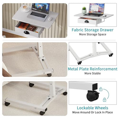 Rolling Adjustable Height Computer Desk With Drawers, Small Mobile Laptop Desk Cart On Wheels For Small Spaces Home Office, Portable Sitting Laptop Table For Bed Couch Load Up To 60LBS, Sturdy, White - color: White