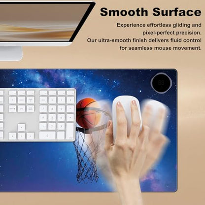 Heated Desk Pad 23.6" x 14.2" 3 Large Heated Mouse Pad with Heat Levels (40°C/45°C/50°C) & 3H Auto Shut-Off Desk Mat Fast Heating PU Leather Warmer Mousepad for Home Office - Basketball in Galaxy - color: Basketball in Galaxy, size: 23.6 x 14.2 inch