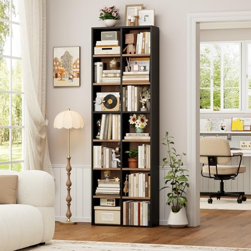 FOTOSOK Bookshelf Bookcase 7-Tier Narrow Bookshelf Tall CD Media Tower Rack - color: Black/Brown
