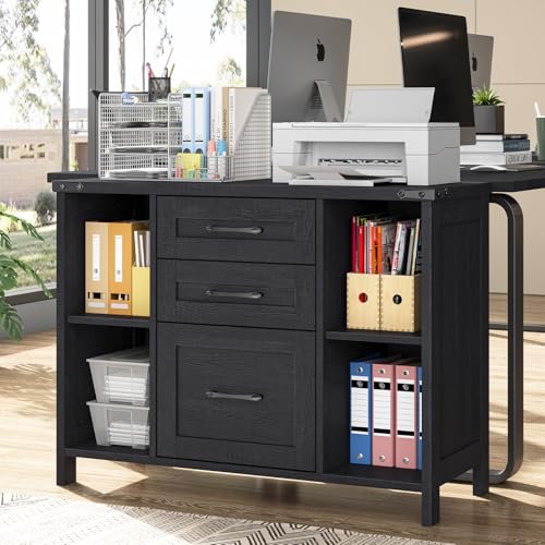 Vabches File Cabinet with 3 Drawers, Farmhouse Lateral File Cabinet Fits Files Letter/A4 Size, Wooden Filing Cabinet with Adjustable Shelves Printer Stand for Home Office, Black - color: Black