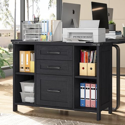 Vabches File Cabinet with 3 Drawers, Farmhouse Lateral File Cabinet Fits Files Letter/A4 Size, Wooden Filing Cabinet with Adjustable Shelves Printer Stand for Home Office, Black - color: Black