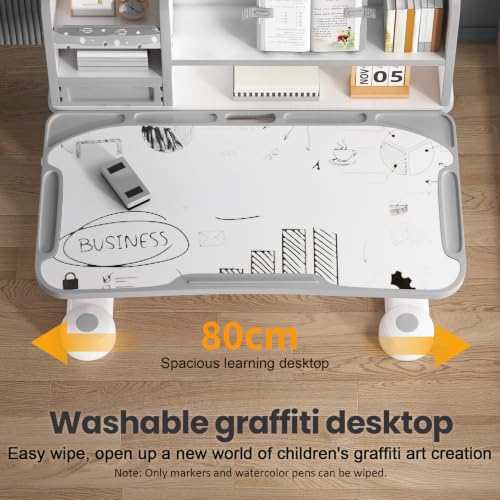 Kids Desk and Chair Set- 3-12 Height Adjustable Ergonomic Art Desk | School Study Desk, 50° Tiltable Desktop, Easy-Turn Crank, Storage Drawer & Built-in Bookstand for Children Boys & Girls - color: 015-grey-31.5in