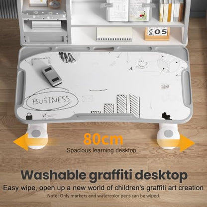 Kids Desk and Chair Set- 3-12 Height Adjustable Ergonomic Art Desk | School Study Desk, 50° Tiltable Desktop, Easy-Turn Crank, Storage Drawer & Built-in Bookstand for Children Boys & Girls - color: 015-grey-31.5in