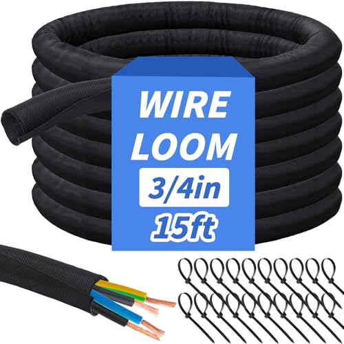 15ft - 3/4in Split Braided Sleeve Cable Management, Self-Wrapping | Flexible loom tubing protects wires from abrasion and heat. Great for automotive, TV, computer, and home electrical use. - size: 3/4inx15ft