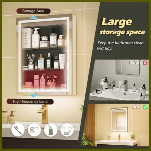 20 * 28 Right Hinge LED Bathroom Mirror Cabinet, Aluminum Medicine Cabinet | Light Adjustable, Sockets & USBs inside, Anti-Fog, Easy to Install - color: 20*28 Right Hinge