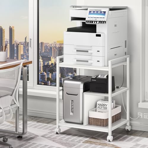 Lerliuo 24" Wide Large Printer Stand with Storage, White | Printer Table for Home Office with Charging Station, 3 Tier Industrial Mobile Printer Cart with Lockable Wheels - color: White
