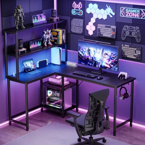 OLIXIS L Shaped Desk, Gaming Desk, LED Lights, 53 Inch | Power Outlets, Reversible Corner Home Office Table, Adjustable Shelf CPU Stand, Black - size: 53.1 IN