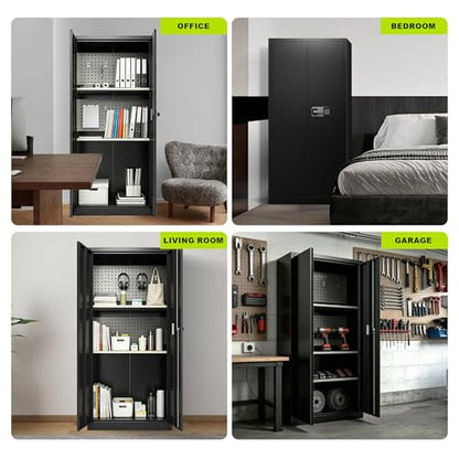 70.08’’ Dual Smart Lock Garage Storage Cabinet with Digital Keypad, Tall Metal Storage Cabinet with Hooks and Adjustable Shelves, Locking File Cabinet, Locking Cabinet for Garage Office Pantry