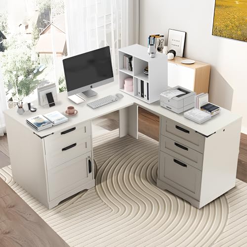 60" L-Shaped Executive Desk with Power Outlets & Drawers, Light Gray | Wooden Home Office Computer Table with Lockable & Adjustable Storage Cabinet, Corner Standing Writing Desks for Work or Study - color: Light Gray