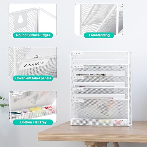 EasyPAG 5 Tier Wall File Holder, Mesh Hanging Folder Organizer with Classify Label, Versatile Desk File Holder, Vertical Wall Mounted Mail Organizer for Office Home Cubicle, White - color: White