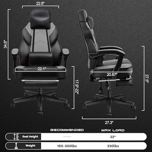 Gaming Chair for Adult, Computer Chair with Footrest Video Game Chair Big and Tall Gaming Chair with Massage Lumbar Support, Adjustable Height and 360° Swivel Seat(Grey) - color: Grey