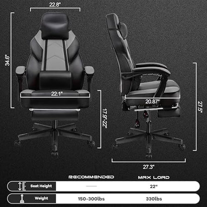 Gaming Chair for Adult, Computer Chair with Footrest Video Game Chair Big and Tall Gaming Chair with Massage Lumbar Support, Adjustable Height and 360° Swivel Seat(Grey) - color: Grey