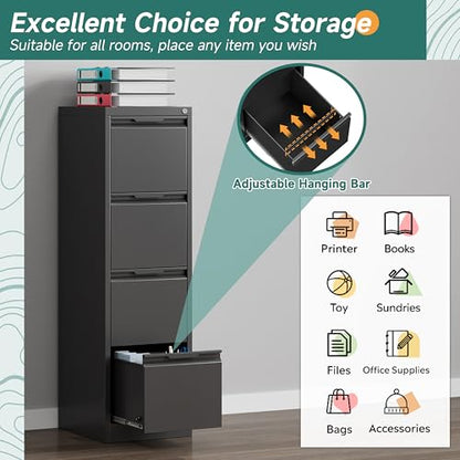 4 Drawer Metal Vertical File Cabinet with Lock for Home Office | 17.8 Inch Depth,50.3 Inch High,Fits A4/Letter & Legal Size Files,Adjustable Hanging Bar,Easy to Assemble,Black - color: Black, size: 17.8"D x 15"W x 50.3"H（4 Drawers）