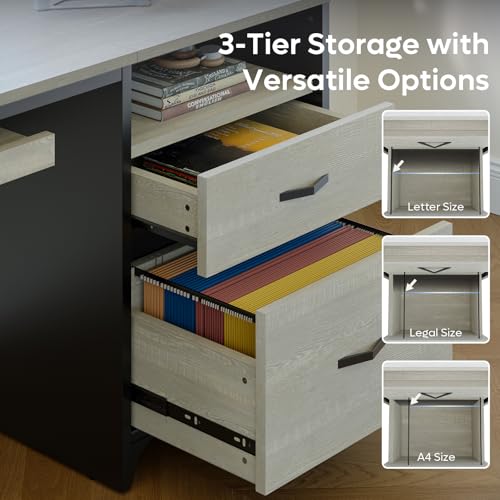Bestier Office Desk with Drawers, 55 inch Industrial Computer Desk with Storage, Wood Teacher Desk with Keyboard Tray & File Drawer for Home Office, Wash White - color: Wash White