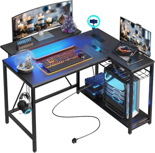 Bestier 42-Inch L-Shaped Computer Desk with Charging & LED, Black | Charging 2AC+USB+Type-C, RGB LED Strip, Reversible Shelves, Monitor Stand, Headphone Hook, Cable Mgmt, Small Space - color: Black Carbon Fiber, size: 42 Inch