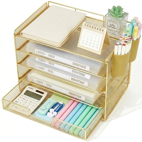 LEKETREE Desk Organizers and Accessories, 5-Tier Paper Letter Tray Organizer with Drawer & 2 Pen Holders, Desktop Organizer for Office Supplies (Gold) - color: Gold, size: 12" x 8" x 10"