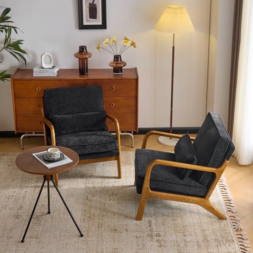 VINGLI Chenille Mid-Century Modern Accent Chair Set of 2, Cute Reading Arm Chair with Cushion & Lumbar Pillow & Solid Wood Frame for Lounge, Living Room, Reading Room, Bedroom, Black - color: Black