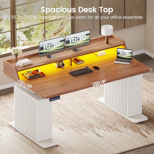 SEDETA Standing Desk with Storage, 55" Fluted Stand Up Desk with Power Outlets & LED Lights, Height Adjustable Table with Monitor Shelf for Home Office, Gaming, Brown + White - color: Brown + White