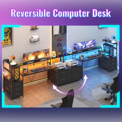 63" Gaming Desk with Drawers, Storage Shelves and Printer Stand | Balck Computer Desk with Monitor Stand and LED Lights, Reversible Home Office Desk with Printer Shelf - color: Black