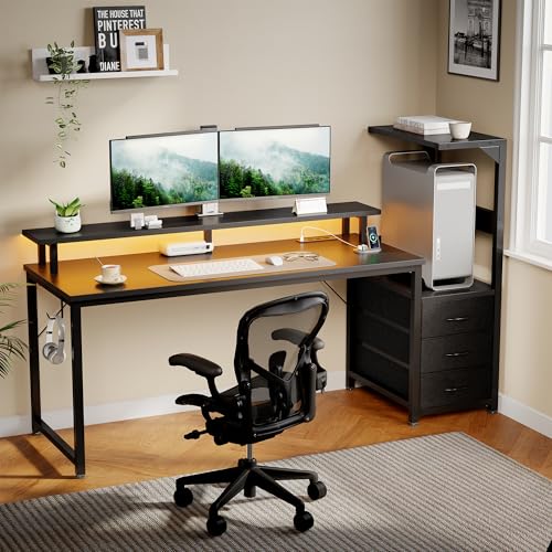 59" Reversible Gaming Desk with LED Lights Power Outlets, Black | Computer Desk with Drawers Can be Used to Store Odds and Handles, Elevated PC Stand To Help You Showcase Your DIY Cases. - color: Black, size: 60 In