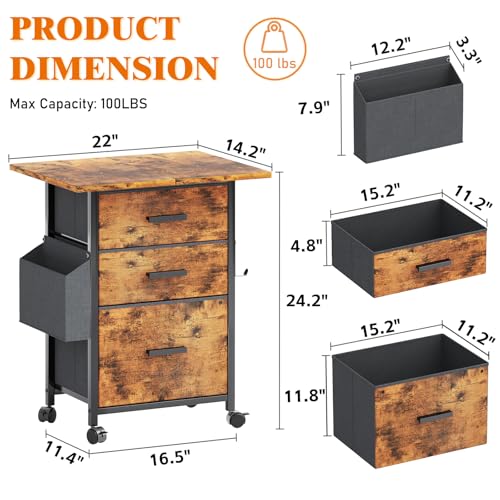 3-Drawer Mobile File Cabinet with 22" Wide Printer Stand, Fabric Filing Cabinet with Side Bag & Headphone Hook, Fits Letter/A4 Size Hanging File Folders, Rolling Home Office Organizer, Rustic Brown - color: Rustic Brown