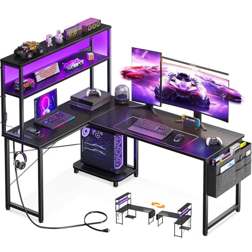 AODK L Shaped Desk Gaming Desk with LED Light & Power Outlet - color: Black, size: 53 Inch