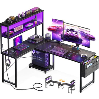 AODK L Shaped Desk Gaming Desk with LED Light & Power Outlet - color: Black, size: 53 Inch