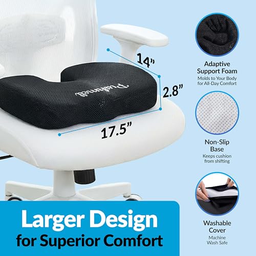 Premium Memory Foam Gel Seat Cushion for Tailbone, Coccyx, Back & Sciatica Pain Relief – Fits 17.5” x 14” Seats, Ergonomic Office & Desk Chair Cushions for Home, Car – Includes Bonus Extra Cover