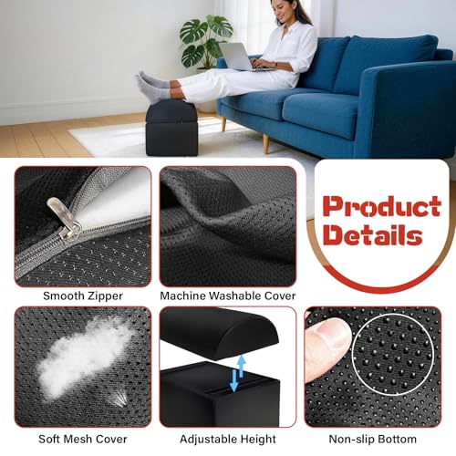 Adjustable Footrest for Under Desk at Work Ergonomic Foot Rest with 3 Adjustable Height Foot Stool for Under Desk Office Footrests with Removable Washable Mesh Cover, Black