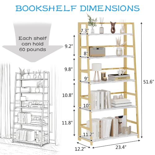 JSB 5 Tier Bookshelf, No Assembly Folding Ladder Bookshelf, 51.6in Tall Foldable Ladder Shelf, Bookcase for Home Office, Living Room,Space-Saving (White & Gold, 5 Tier) - color: White & Gold