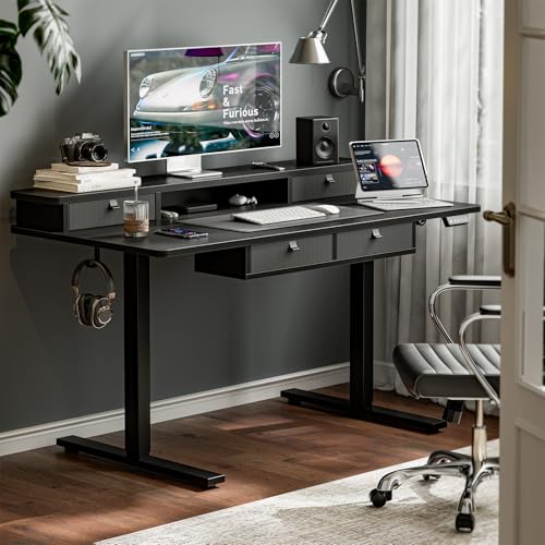 Grandder Electric Standing Desk with Four Drawers, Sit to Stand Up Height Adjustable Desk with Storage Shelf for Home Office, 47 * 28 Inch, Study, Ergonomic Adjustable Computer Desk, Black - color: Black With 4 Drawers, size: 47 Inch