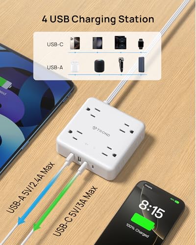 TROND 360° Rotating Flat Plug Power Strip 10ft, 8 AC & 4 USB (2U2C), White - color: White, size: 10FT, style: Rotating Plug-2U2C