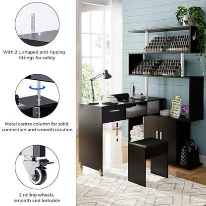 Kikihouse Manicure Table Nail Desk with Stool, Rotating L-Shaped Nail Tech Desk with Dust Collector, Two-Way Drawer, Cabinet & Storage Shelves, Reversible Manicure Workstation on Wheels (Black) - color: Black