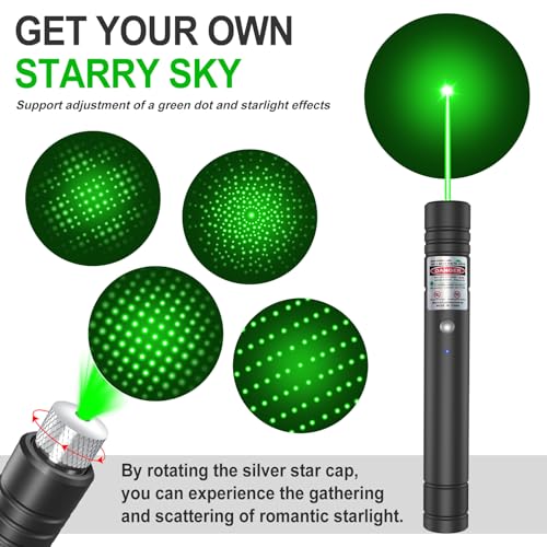 Green Laser Pointer, USB-A Rechargeable with Adjustable Star Cap | Single-dot mode, no charging cable required, wrist strap, for TV/LED/LCD screens, presentations, astronomy and outdoor use