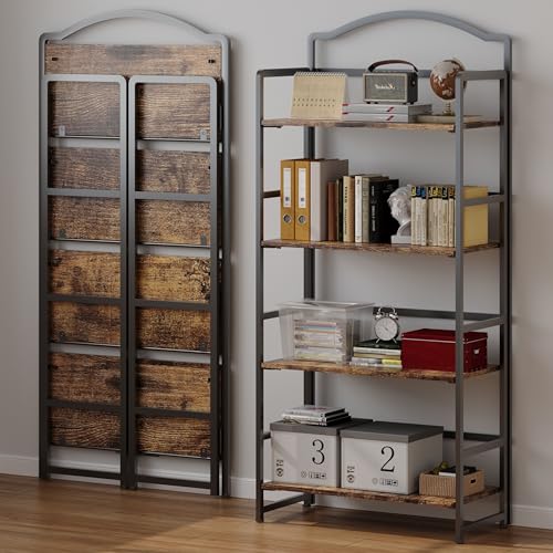 JSB 4 Tier No Assembly Folding Bookshelf, Arched Bookshelf, Foldable Bookcase for Living Room, Bedroom, Office,Skinny Bookshelf (Fire Brown) - color: Fire Brown, size: 4-Tier