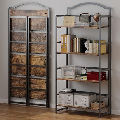 JSB 4 Tier No Assembly Folding Bookshelf, Arched Bookshelf, Foldable Bookcase for Living Room, Bedroom, Office,Skinny Bookshelf (Fire Brown) - color: Fire Brown, size: 4-Tier