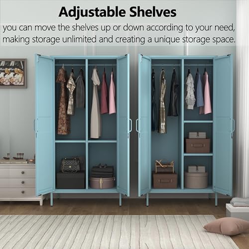 Lockable Metal Wardrobe Closet with Hanging Rod and 3 Adjustable Shelves,67" Metal Storage Cabinet with 2 Doors,Steel Armoire Wardrobe Closet for Bedroom Living Room Cloak Room (Blue) - color: Blue, style: 67"H-Wardrobe-DY