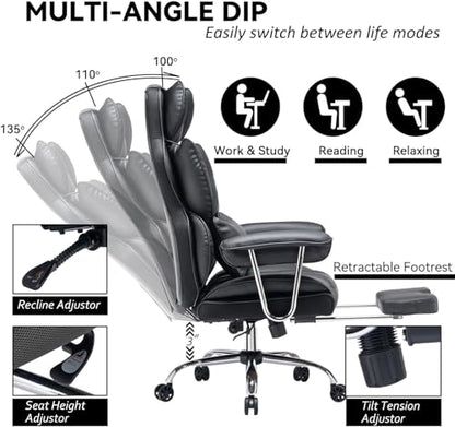 Efomao Big and Tall Office Chair with Foot Rest 400LBS, PU Leather Computer Chair, Heavy Duty Executive Office Chair with Lumbar Support, Black Home Office Chairs | 400lbs support, 135° recline, dual-layer foam cushion, 23.5" seat & footrest. BIFMA - colo