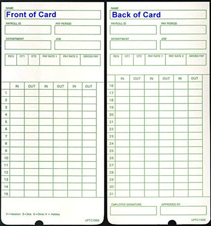 Time Cards for uPunch HN1000 & HN3000 AutoAlign Clocks (Qty 600) | 12 packs of 50 uPTC1000 cards for non-calculating, top load models. All pay periods. Made in USA. Not for HN2000/HN4000