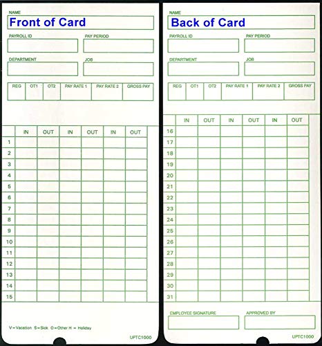Compumatic Time Cards for uPunch HN1000 & HN3000 AutoAlign Clocks (Qty 400) | 8 packs of 50 uPTC1000 cards for non-calculating, top load models. All pay periods. Made in USA. Not for HN2000/HN4000